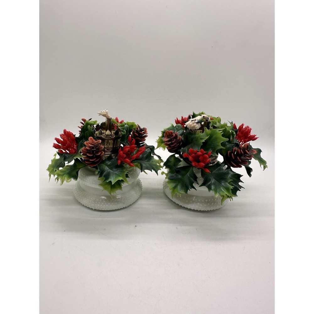 Vintage Hobnail Milk Glass Oil Lamps Pair Christmas Pinecone Decor Hong Kong‎